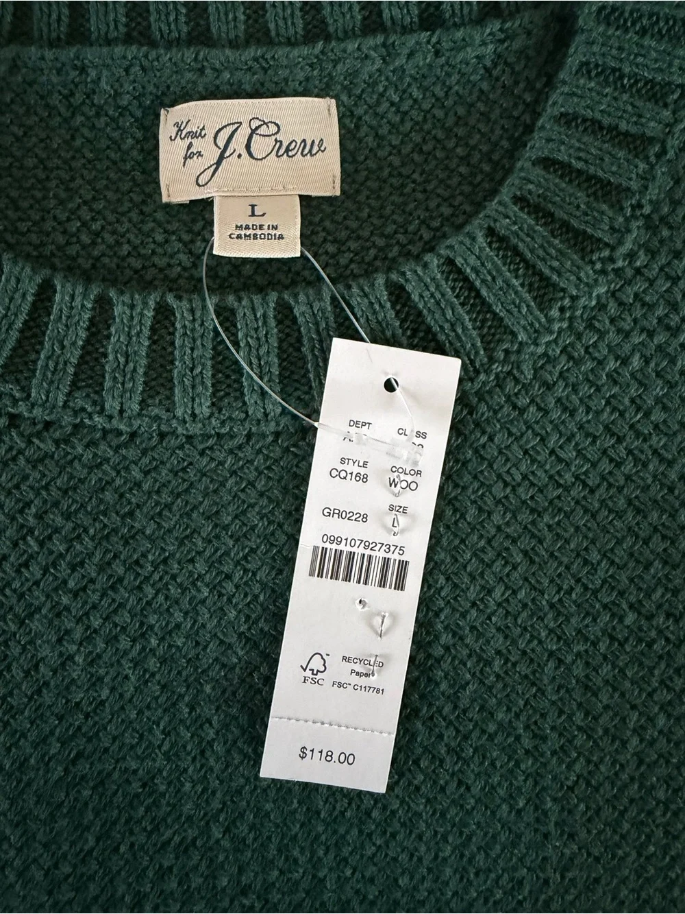 J.Crew Heritage Textured Cotton Knit Sweater Forest Green Large NWT